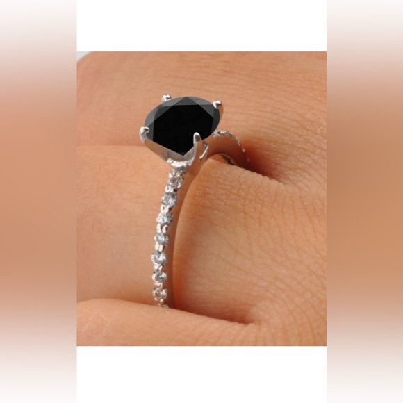 1.56Ct Round Shape Natural Earthmined Black Diamond Solitaire Ring In 925 Silver - Picture 8 of 8